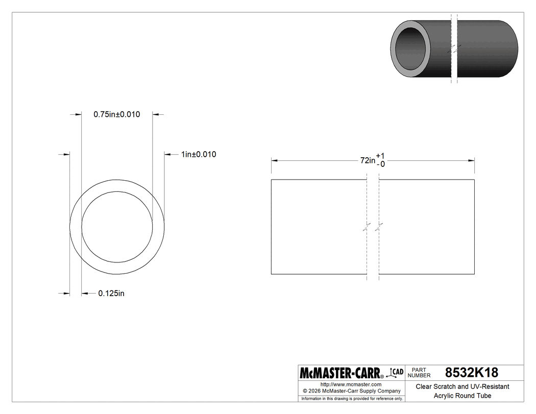 Technical Drawing of Clear Scratch and UV-Resistant Acrylic Round Tube, 1/8" Wall Thickness, 1" OD, 3/4" ID, 6 Feet Long.